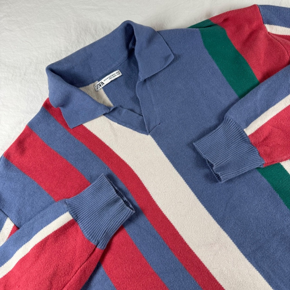 Zara Men's Size S-M Multicolor Striped Cotton V-Neck Graphic Knit Rugby Sweater